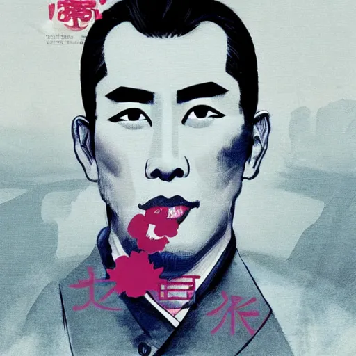 Image similar to portrait of glamorous yukio mishima, hanafuda vogue cover illustration by yoji shinkawa, james jean and stina persson