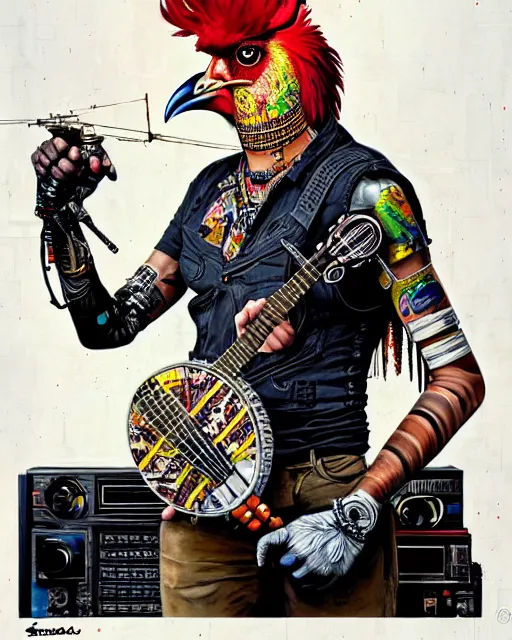 Image similar to a portrait of an anthropomorphic cyberpunk rooster picking on a banjo by sandra chevrier, by jon foster, detailed render, tape deck, epic composition, cybernetics, 4 k realistic, cryengine, realistic shaded lighting, sharp focus, masterpiece, by enki bilal