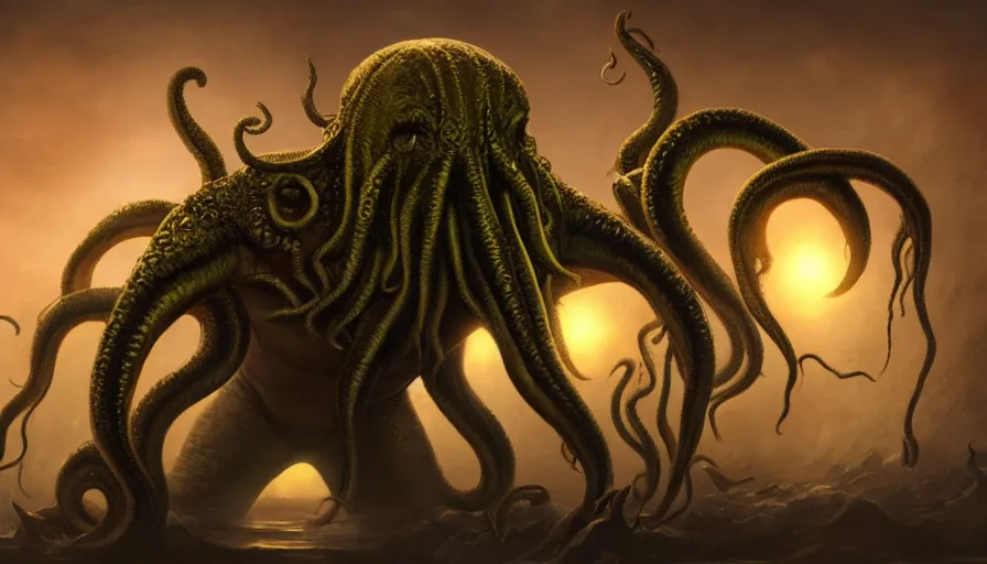 Prompt: terrifying Cthulhu with different background, masterpiece, pinup, highly detailed, digital painting, artstation, concept art, smooth, sharp focus, illustration, Unreal Engine 5, 8K