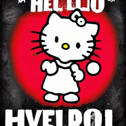 Prompt: a horror movie poster featuring Hello Kitty holding a axe