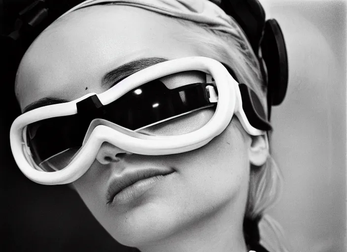 Image similar to close - up portrait of a young woman wearing a choker and ski goggles, in a subway, richard avedon, tri - x pan