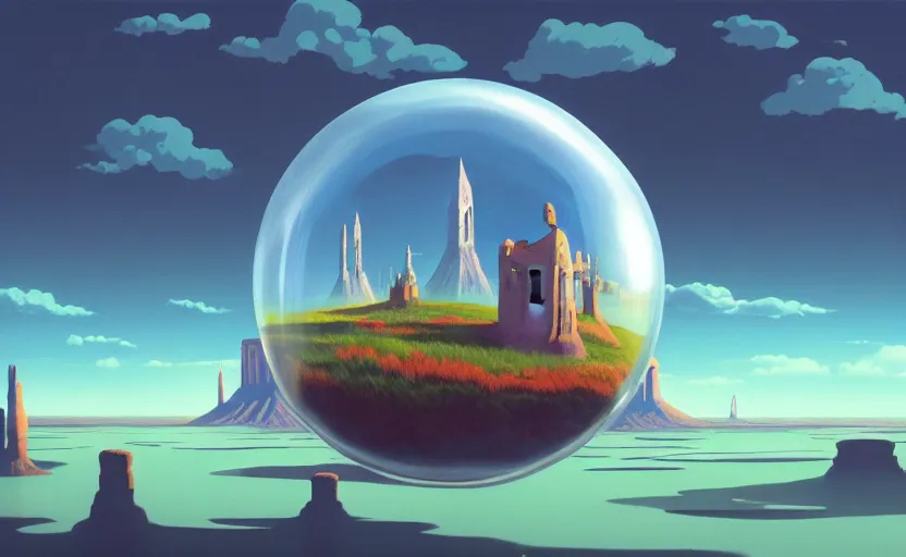 Image similar to a scary hyperrealist painting of a rocketship in a giant transparent cubic bubble from howl's moving castle ( 2 0 0 4 ) in a flooded monument valley stonehenge jungle. depth perception, 4 k, artstation, in the style of studio ghibli