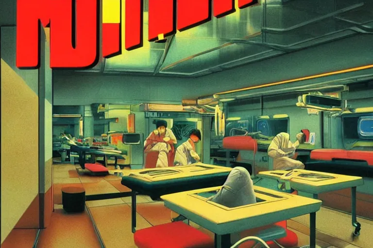 Prompt: 1 9 7 9 omni magazine cover depicting a surgical suite inside of a mcdonald's in neo - tokyo. in the style of bladerunner concept art by syd mead