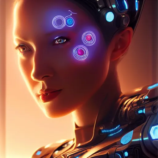 Image similar to a beautiful highly detailed futuristic mechanical woman in seductive confident pose, art by greg rutkowski and mark keathley, cyberpunk, 7 0 mm photo, featured on artstation, 4 k, octane render
