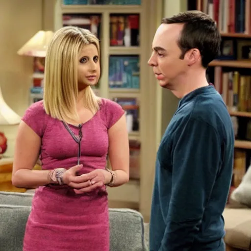 Image similar to a still from The Big Bang Theory of Sarah Michelle Gellar talking to Sheldon Cooper in his living room