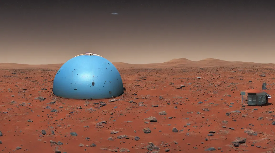 Image similar to stunning large format photograph, beautiful cinematic close detailed perspective of an abandoned domed nasa martian outpost, on mars, scattered debris, reddish brown color scheme, smooth clear blue sky, in the style of jeff wall, hazy sunlight, crisp details, visual effects and composite by ILM, 10k with post-processing