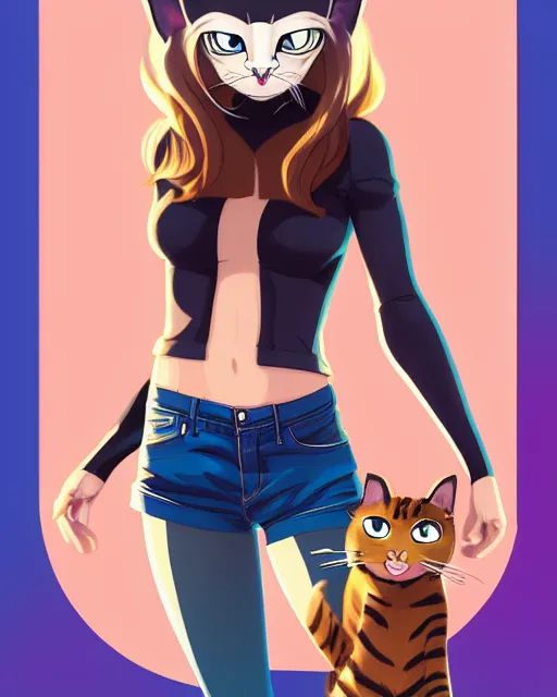 Prompt: fullbody portrait of wild half - cat woman with cat nose and ears, wearing summer jeans shorts and tshirt, anime art, concept art, detailed attractive face with cat nose and cat mouth, symmetrical, trending on pixiv, by lois van baarle by akira toriyama by sung choi by john kirby artgerm style pascal blanche and magali villeneuve