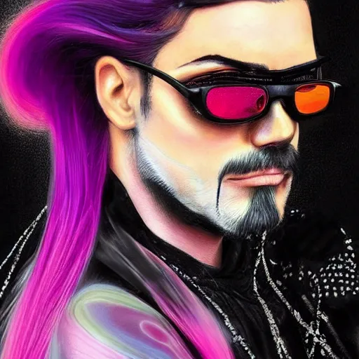 Prompt: A masterpiece portrait of a brutal high fashion cyberpunk magician male artist with a white curled mustache. multicolored Drops of paint on the skin. cool designer gradient futuristic sunglasses. Long hair on his head. Black turtleneck. . medium shot, intricate, elegant, highly detailed. trending on artstation, digital art, by Stanley Artgerm Lau, WLOP, Rossdraws, James Jean, Andrei Riabovitchev, Marc Simonetti, Yoshitaka Amano