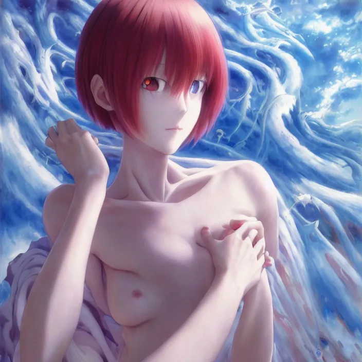 Image similar to Rei Ayanami, Closeup Female Anime Character, Japan Lush Forest, official anime key media, Iwakura Lain, LSD Dream Emulator, paranoiascape ps1, official anime key media, painting by Vladimir Volegov, beksinski and dan mumford, giygas, technological rings, johfra bosschart, Leviathan awakening from Japan in a Radially Symmetric Alien Megastructure turbulent bismuth glitchart, Atmospheric Cinematic Environmental & Architectural Design Concept Art by Tom Bagshaw Jana Schirmer Jared Exposure to Cyannic Energy, Darksouls Concept art by Finnian Macmanus