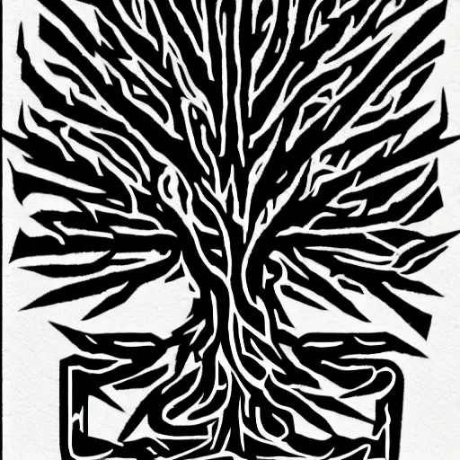 Image similar to black metal band logo, unreadable text, metal font, looks like a tree silhouette, complex, horizontal