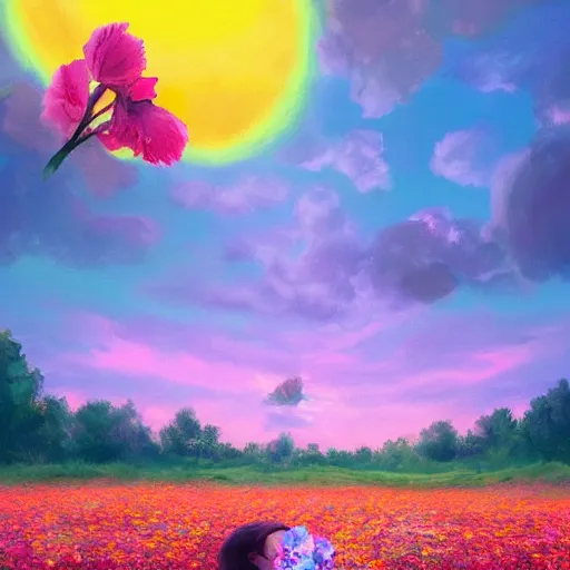 Image similar to giant rose flower head, full body girl sitting in a flower field, surreal photography, sunrise, dramatic light, impressionist painting, colorful clouds, digital painting, artstation, simon stalenhag