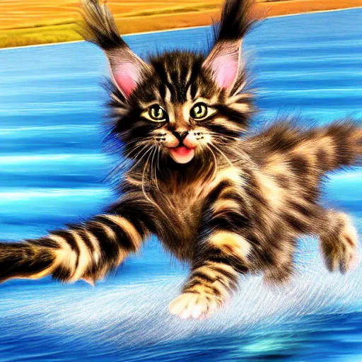 Prompt: Anthromorphic Maine coon kitten is Water skiing and doing trick poses, action shot. At south beach FL. 3D render but digital art, by Lenoid afremov