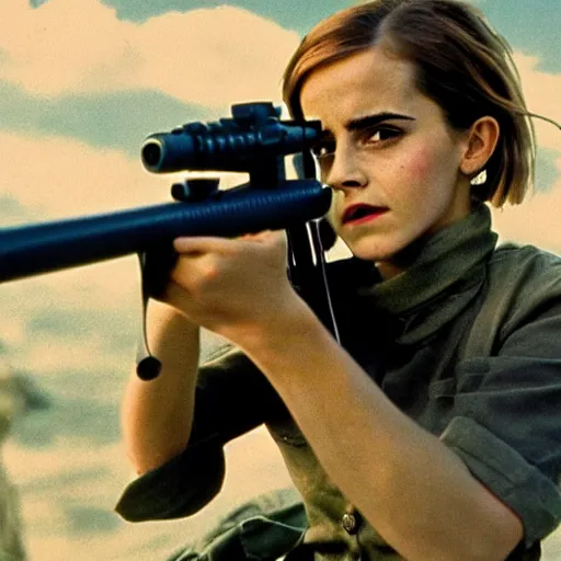 Image similar to film still, extreme far view, emma watson reloading browning 5 0 cal machine gun, film still from apocalypse now ( 1 9 7 9 ), 2 6 mm, kodak ektachrome, blue tint expired film,