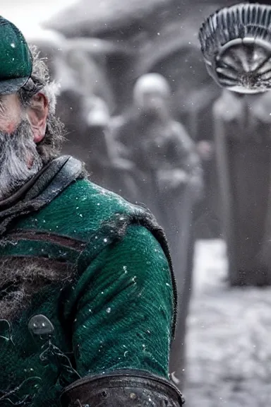 Image similar to very very intricate photorealistic photo of a realistic human version of luigi wearing his hat in an episode of game of thrones, photo is in focus with detailed atmospheric lighting, award - winning crisp details