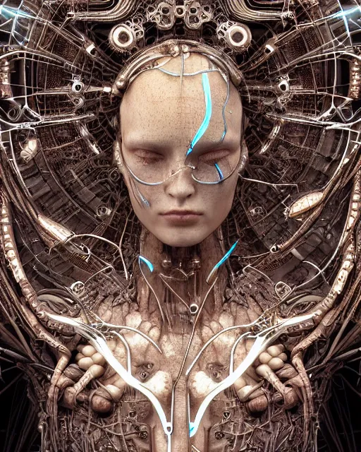 Image similar to timeless cybernetic deity with circuitry skin and networked mind tripping on acid, intricate detail, royo, whealan, giger, klimt, hd, octane render, unreal engine,