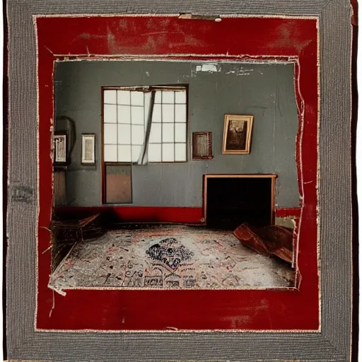 Image similar to Full view of a wide and very dark parlor that is dimly lit by a morning sunbeam coming through a window, dust glints in the air, plain gray walls have slightly cracked with time, a single photo with a broken frame hangs crooked on the wall, a small tattered Persian rug with muted colors is on the floor, a child\'s dull red wagon is in the corner of the room filled with old books, a ceiling fan with an old draw string, cinematic, vignette, ultrarealistic, super high resolution, photograph, still, serene, low energy, 4K, lighting study