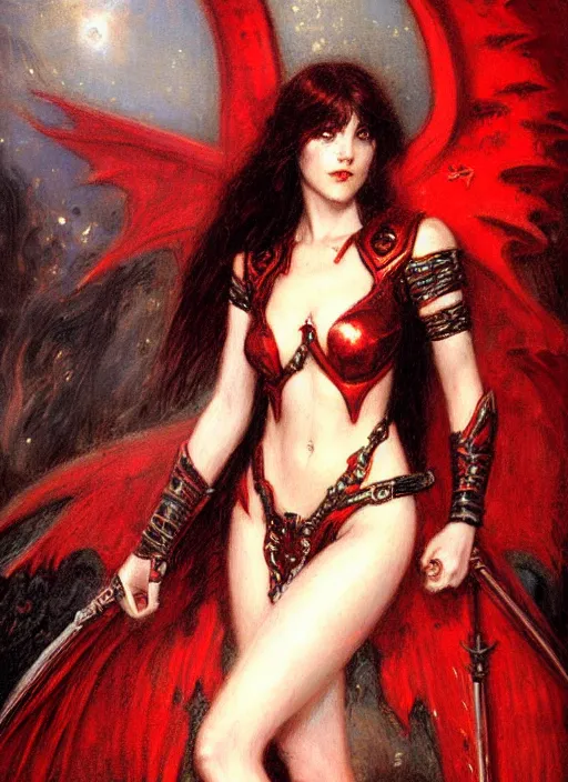 Image similar to angel knight gothic girl in dark and red dragon armor. by gaston bussiere