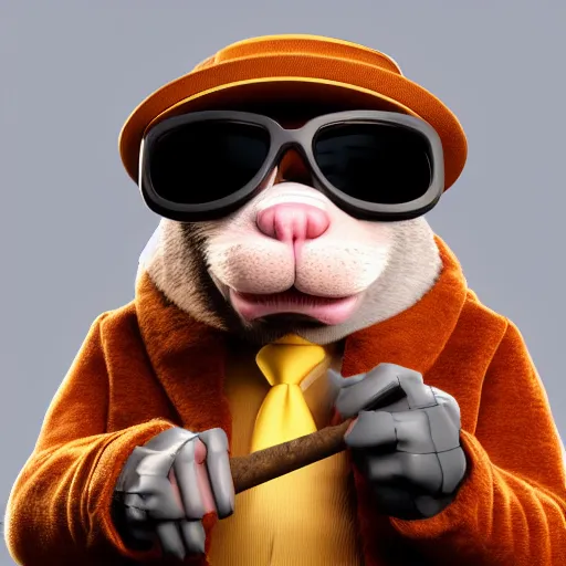 Prompt: anthropomorphic gangster rat smoking an enormous cigar, wearing sunglasses and a cap, long fur, anthropomorphic rat, detailed, 3d render, 4k, pixar