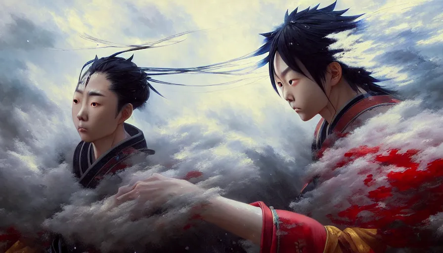 Image similar to baroque oil painting of key visual epic samurai war, rain, storm, realism, fake detail, trending pixiv fanbox, acrylic palette knife, style of makoto shinkai takashi takeuchi yoshiyuki sadamoto greg rutkowski chiho aoshima, artstation, manga