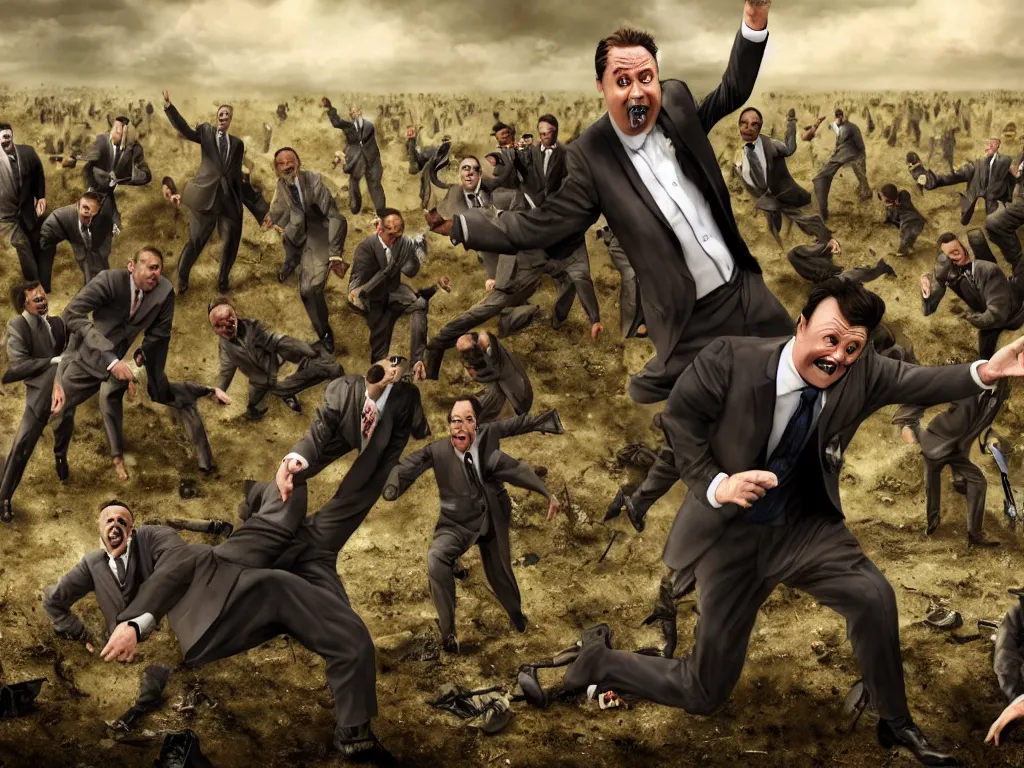 Image similar to one Comedian in suit and tie performing in a battle-field with dead bodies on the ground, comedian is funny, performing to dead soldiers, nuclear bomb in far horizon, apocalypse, trending on artstation, single man in suit, artstationHD, hyperdetailed matte painting, highly detailed, digital painting, hyper-realistic, realistic, photo-realistic