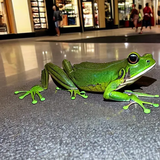 Image similar to photo of dead green frog on a floor of a shopping mall, people shocked, high details
