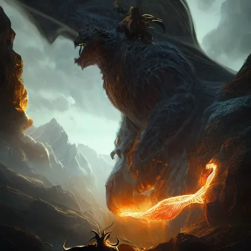 Prompt: Gandalf fighting a Balrog, beautiful landscape, dramatic lighting, cinematic, establishing shot, extremly high detail, photorealistic, cinematic lighting, post processed, concept art, artstation, matte painting, style by greg rutkowsky