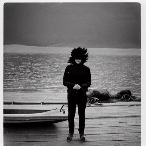 Prompt: black - haired girl with wild spiky black saiyan hair with long bangs over her eyes, hair bangs down to nose, eyeless, muscular, wearing casual clothing, standing on an alaskan fishing vessel, mekoryuk, alaska, 1 9 6 5, polaroid, kodachrome, grainy photograph