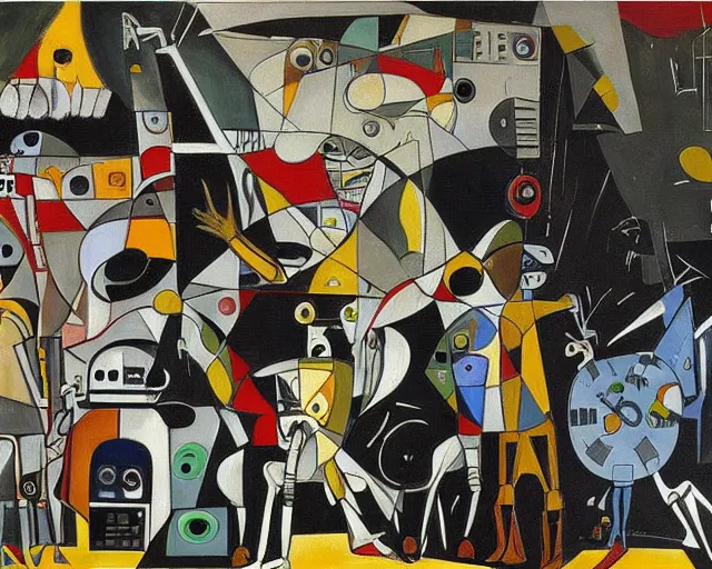 Image similar to a painting of guernica with robots from star wars by graham sutherland, egon schiele, gustav klimt, joan miro, basquiat, expressionism