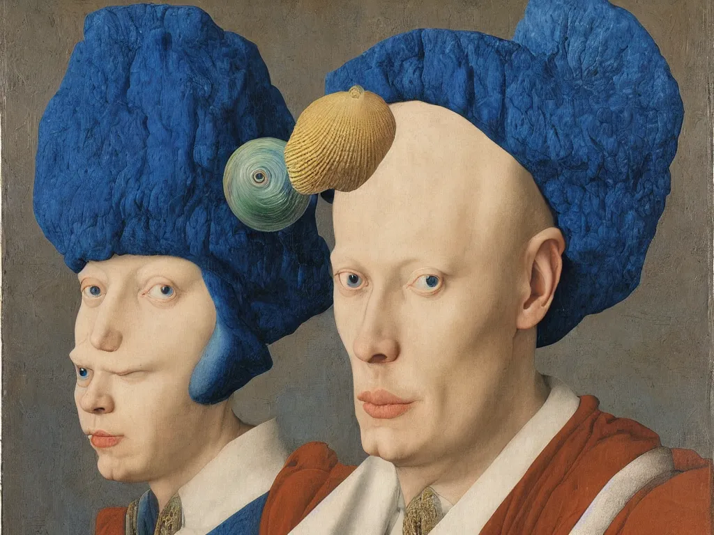 Image similar to Portrait of albino mystic with blue eyes, with beautiful exotic sea shell. Painting by Jan van Eyck, Audubon, Rene Magritte, Agnes Pelton, Max Ernst, Walton Ford