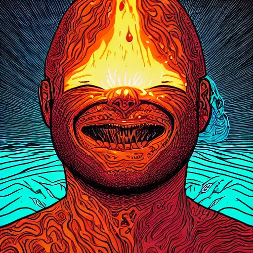 Image similar to portrait of head melting into another one, lava, laugh and surprise, by Dan Mumford