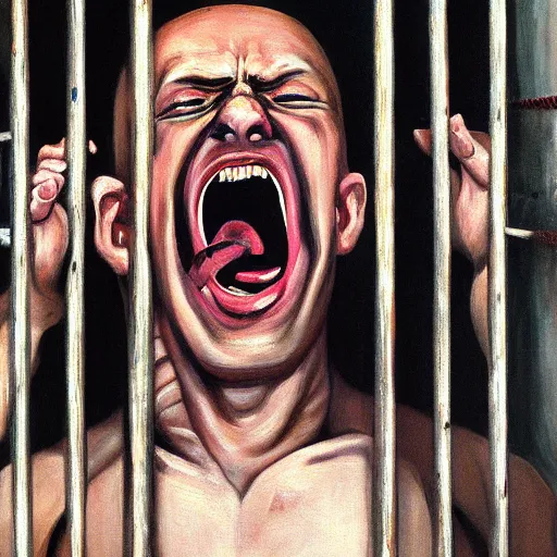 Image similar to a screaming prisoner holding prison bars, realism old painting, oil painting