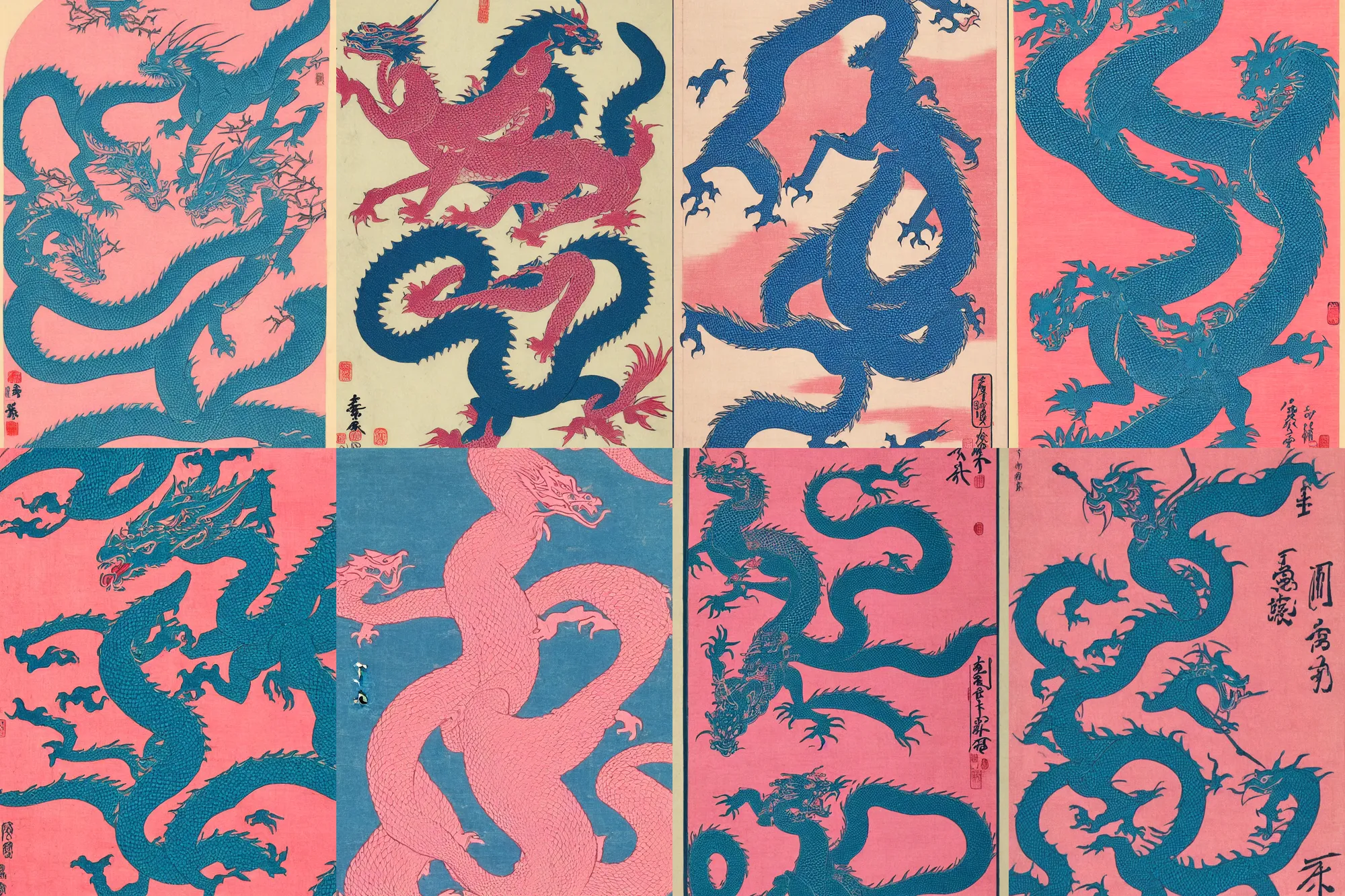 Prompt: Japanese art Woodblock print of a oriental dragon, in ancient Japan, pink and blue gradients