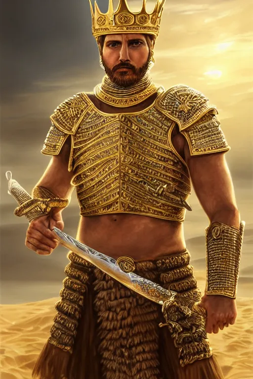 Prompt: Portrait of the King of the Desert, Warrior Man, standing in Sand, detailed scene, Gold Armour and Crown, Sword, handsome attractive face, beautiful face, photo realistic, highly detailed, dramatic lighting, majestic, trending on artstation, elegant, intricate, highly detailed, digital painting, concept art, by artgerm