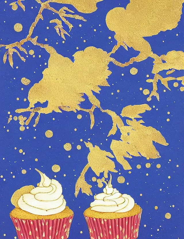 Image similar to spirit of cupcakes lost in the mountains. this gouache and gold leaf work by the award - winning mangaka has a beautiful composition and intricate details.