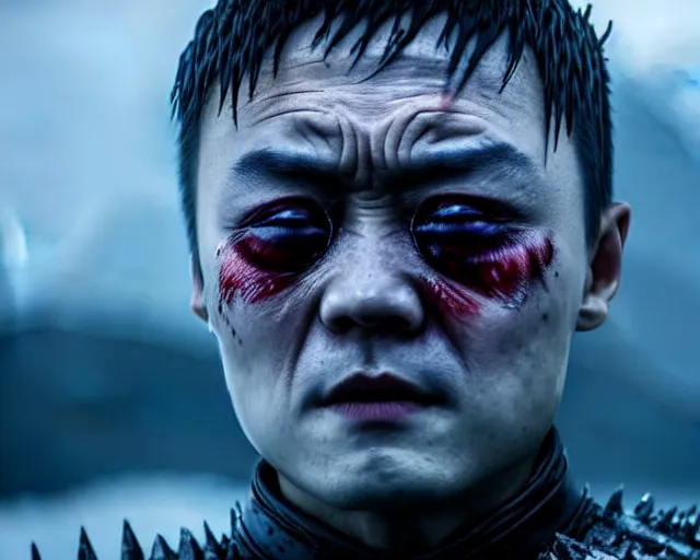 Image similar to justin sun as night king in game of thrones, extreme close - up of crying tears made of magic ice water, crimson - black bee army behind, 4 k, epic, cinematic, focus, movie still, fantasy, extreme detail, atmospheric, dark colour, sharp focus