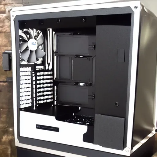 Prompt: metal computer case exposed concept pc boutique build open sides