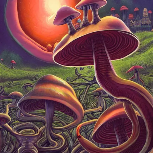 Image similar to A centered chest up portrait of a psychedelic demonic anthropomorphic snake smoking a hand-rolled cigarette smoking heavily , magic mushroom village in background , award winning. superb resolution. in the art style of junji Ito and greg rutkowski . Detailed Mushroom city in background. Hyper realistic anime. Perfect art. Dalle2