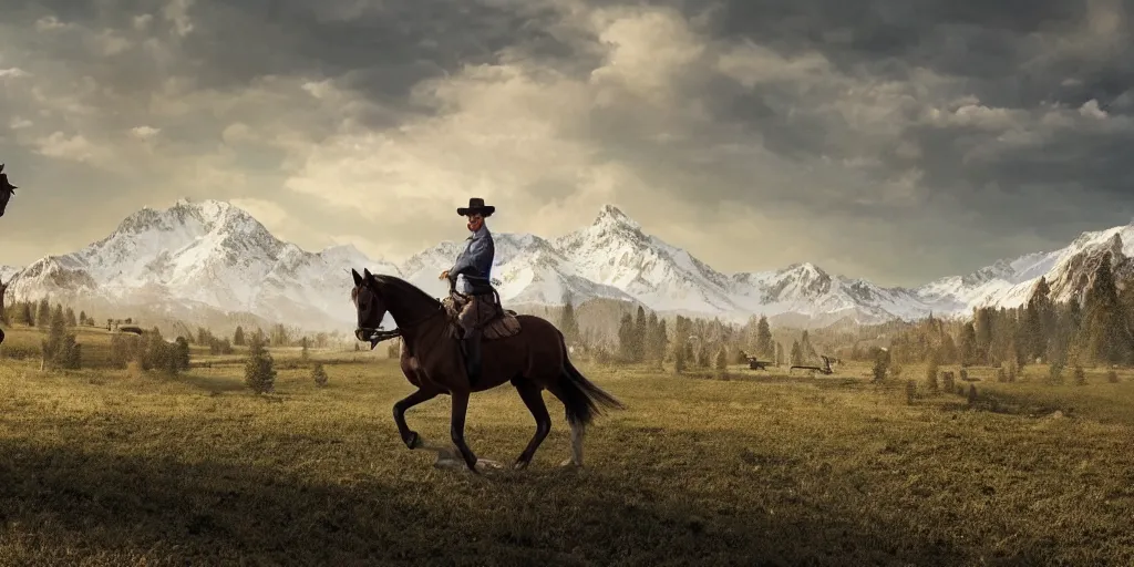 Image similar to still of a man riding a horse into an old west town surrounded by farmland and woods, snow capped mountains in the background, 4 k, realistic, very beautiful, digital art, elegant, highly detailed