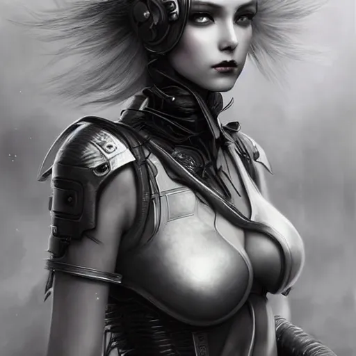 Image similar to By Tom Bagshaw, ultra realist soft painting of an attractive cyrvy cyberpunk anime female fully body armored, with thin lustrous long hair floating, photorealistic eyes render, looking at camera, curiosities carnival, symmetry accurate features, very intricate details, focus, dark fantasy background black and white