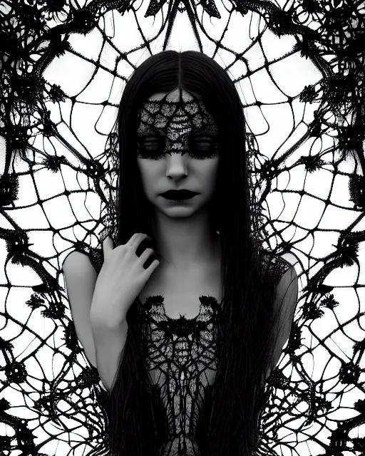 Prompt: surreal mythical dreamy dark artistic black and white fine art photo of a beautiful young female vampire - medus - cyborg covered with lace fish scales and translucent algae, highly detailed, intricate crystal ivy jelly fish scales ornate, lace web, poetic, octane render, 8 k, photo - realistic