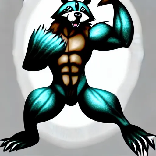 Prompt: anthropomorphic muscular teal raccoon, generic furry style, wearing jeans, deviant art, professional furry drawing, insanely detailed, artistic design, hyper detailed wolf - like face, doing a pose from jojo's bizarre adventure, detailed veiny muscles, exaggerated features, beautiful shading, dramatic lighting, jojo style