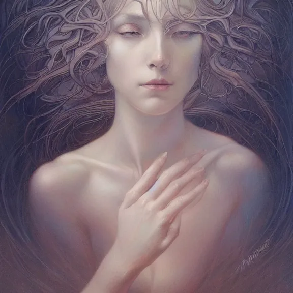 Image similar to a highly detailed beautiful portrait in the style of jean delville and in the style of peter mohrbacher.