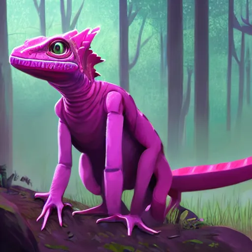 Image similar to concept art painting of an anthropomorphic lizard wearing magenta wizard robes, in the deep forest, realistic, detailed, cel shaded, in the style of makoto shinkai and greg rutkowski and james gurney