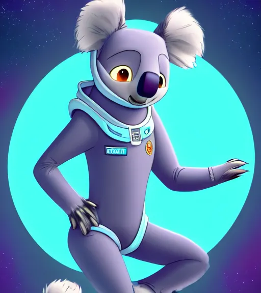 Prompt: digital detailed full body of anthromorphic female koala, in style of zootopia, fursona, furry, furaffinity, 4 k, deviantart, wearing astronaut outfit, in style of zootopia, floating in space, space background, in deep space, dark background, hyena fursona, cyberpunk, female, detailed face,