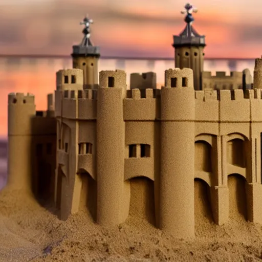 Image similar to full - size tower of london sandcastle contains human crowd, tiltshift, coronation of the sand queen, sunset