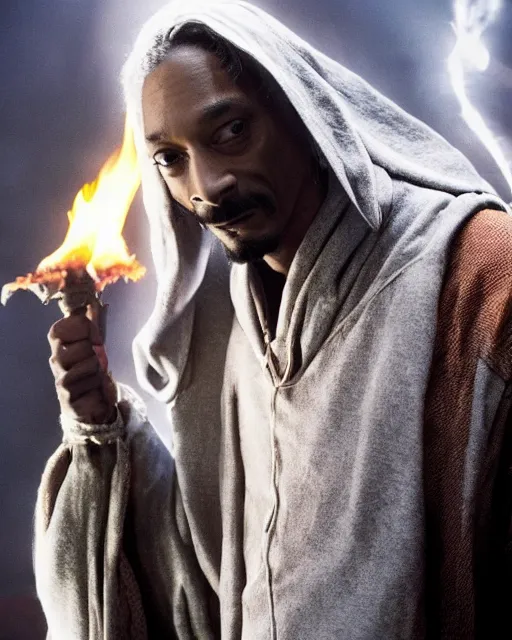 Prompt: Snoop Dogg in the role of Gandalf the Grey, balrog fighting scene in the cave, film still, amazing short, 8K, IMAX, ultra detailed