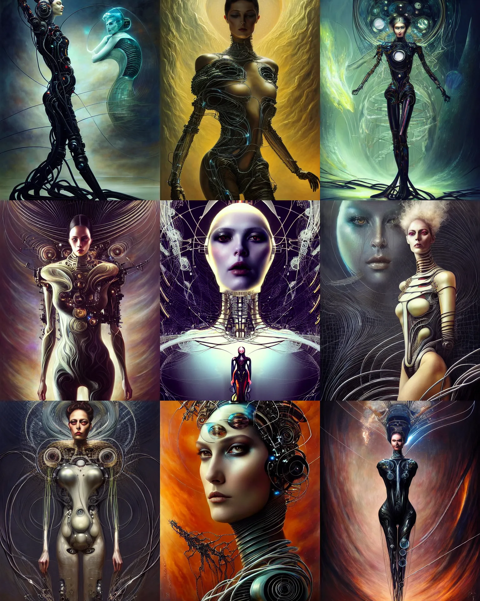 Prompt: karol bak and tom bagshaw and lecouffe - deharme full body character portrait of the borg queen of sentient parasitic flowing ai, floating in a powerful zen state, supermodel, beautiful and ominous, wearing combination of mecha and bodysuit made of wires and fractal ceramic, machinery enveloping nature in the background, artstation scifi character render