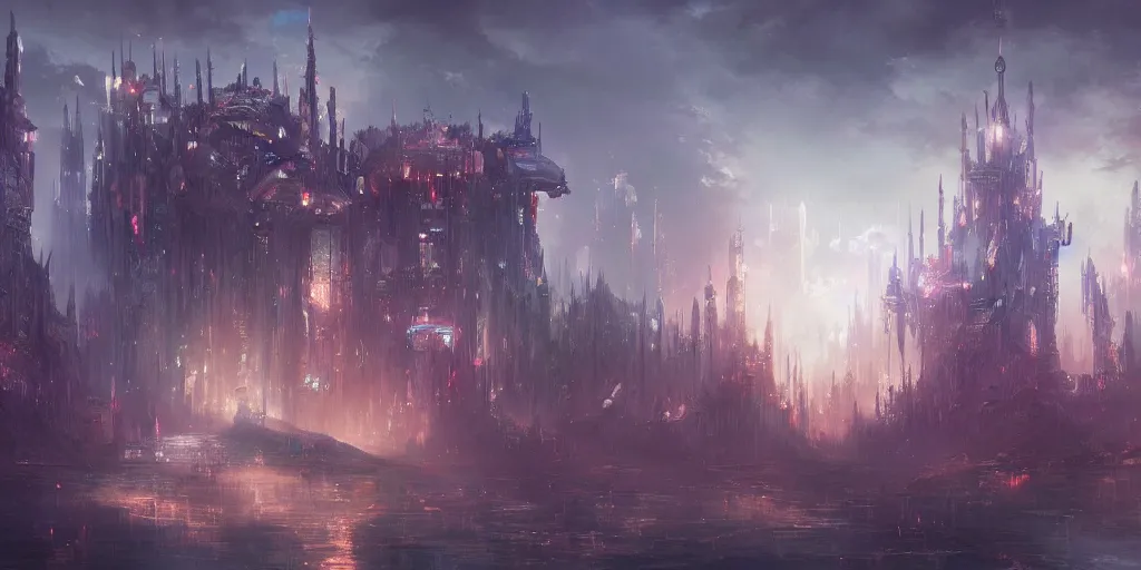 Prompt: A beautiful fantasy artwork of a celestial cyberpunk castle by li shuxing, trending on artstation