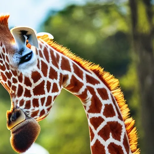 Prompt: giraffe with strawberry blonde hair, feeding tube through the nose
