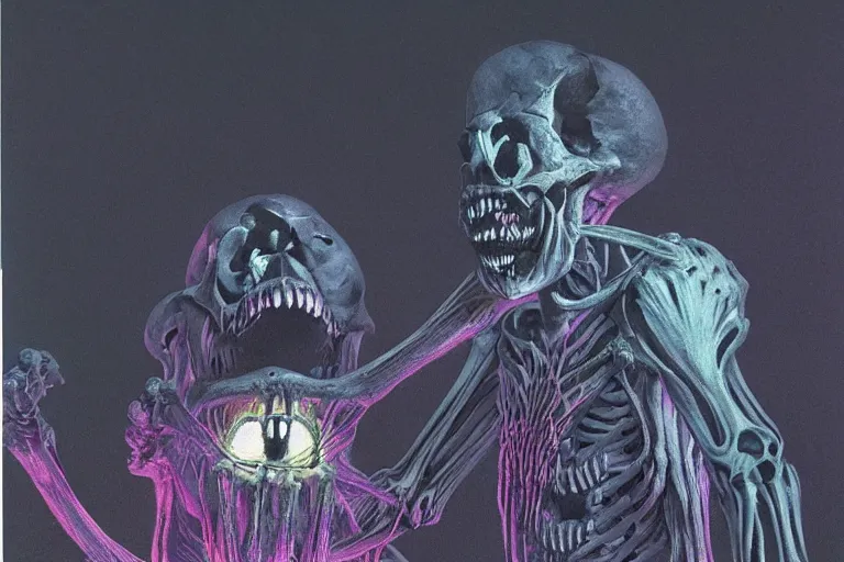 Image similar to screaming monster skeleton made of neon light volumetric lighting, by caspar david friedrich and wayne barlowe and ted nasmith
